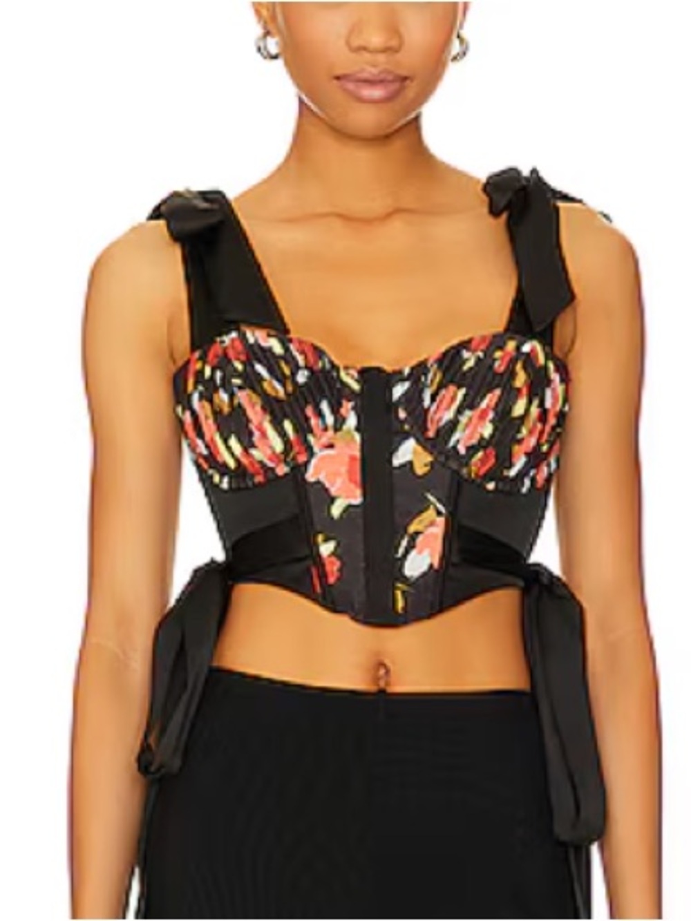 For Love & Lemons Eugene Black Floral Pleated Bustier Corset Top - Picture 3 of 5
